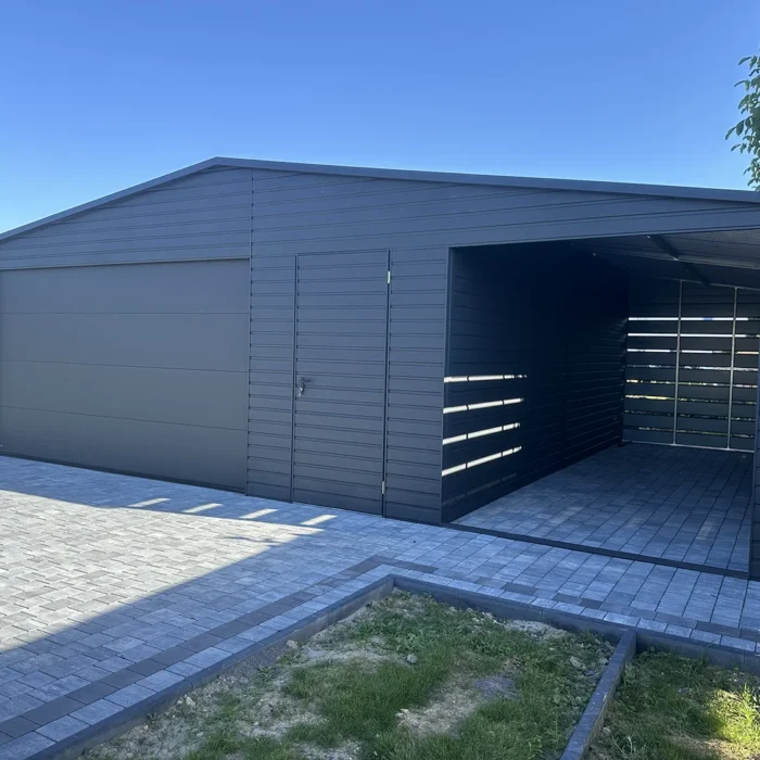 Garaż blaszany 9x7 Antracyt BTX 7016 z wiatą